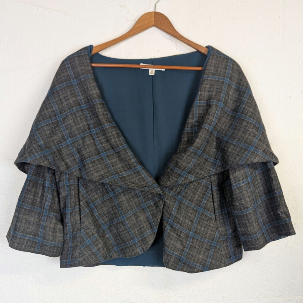 CAbi Cropped Jacket Plaid Brown Teal 3/4 Sleeves Pockets Poet Sherlock Womens 10